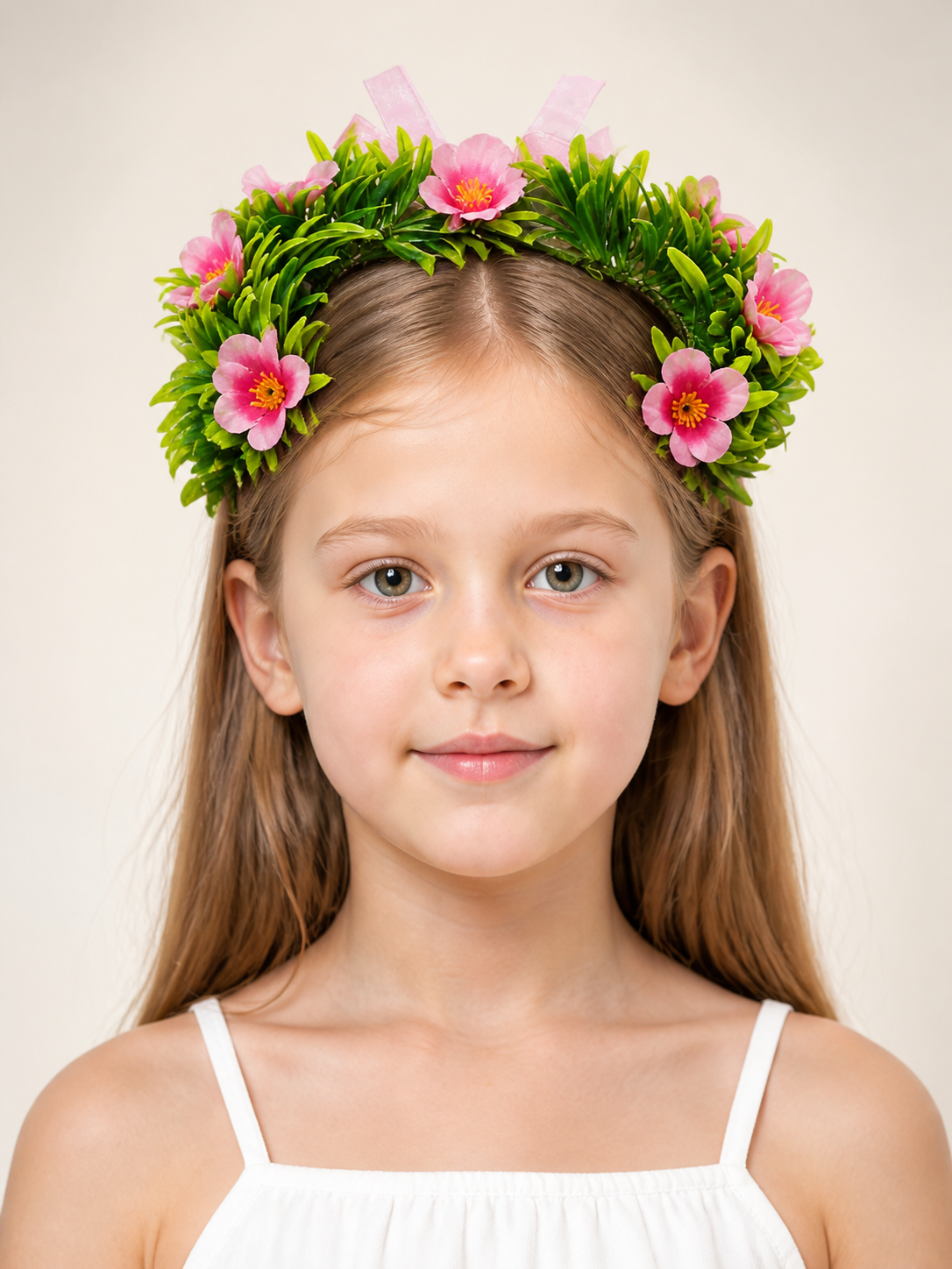 Carnival Headband with Pink Flowers and Green Leaves Costume Headwear detail 2