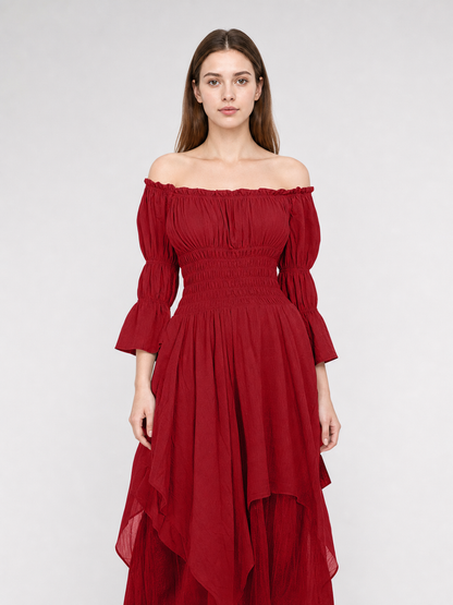 Burgundy Off-the-Shoulder Retro-Style Dress