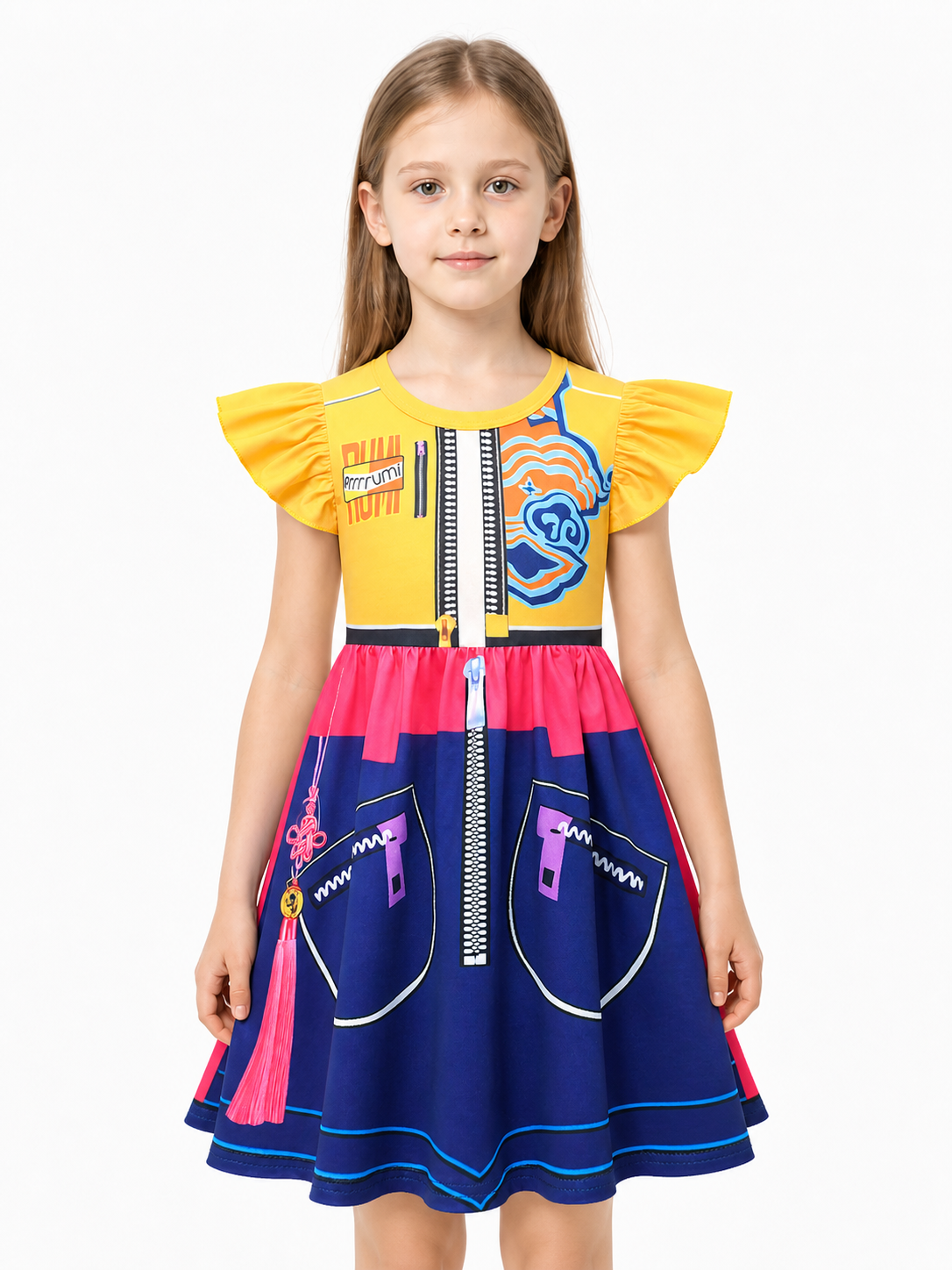Colorful Children's Dress with Lightning Print and Ruffles