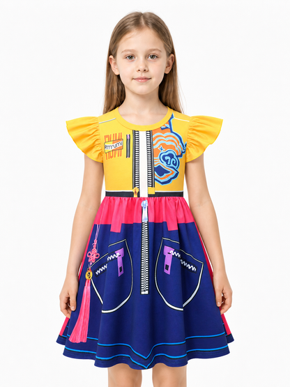 Colorful Children's Dress with Lightning Print and Ruffles
