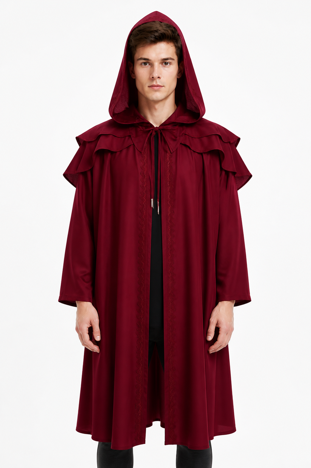 Burgundy Hooded Cloak with Ruffles for Costumes Costume Capes detail 2