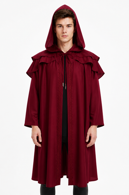 Burgundy Hooded Cloak with Ruffles for Costumes Costume Capes detail 2