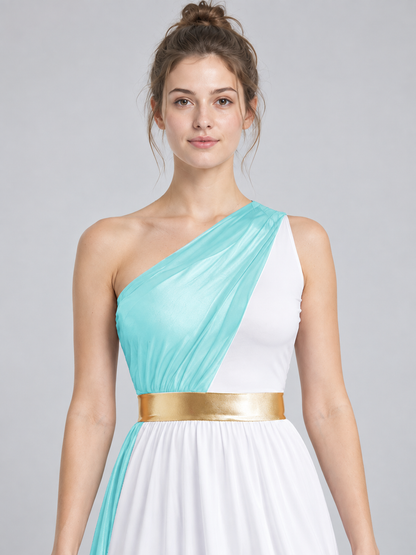 Floor-Length Dress with Turquoise Draping and Gold Belt