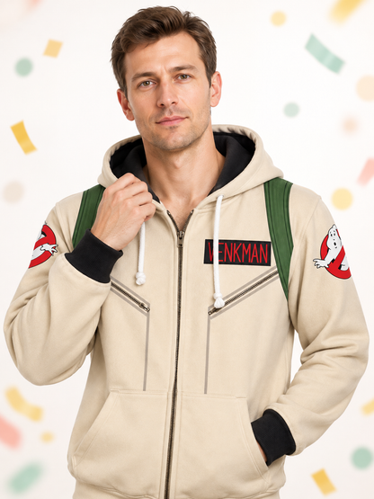 Beige Cosplay Hoodie with Zipper, Hood, and Patches