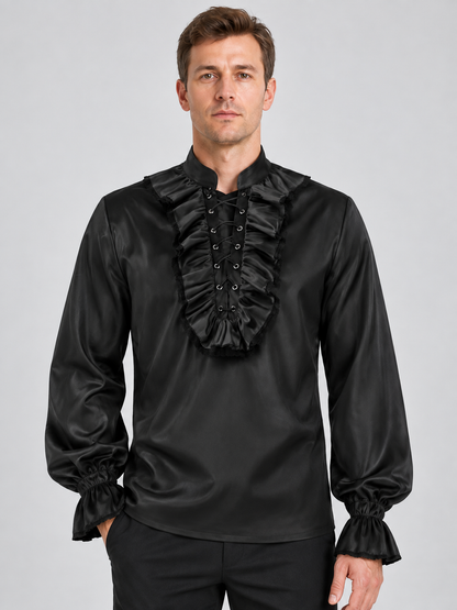 Black shirt with high collar and ruffles