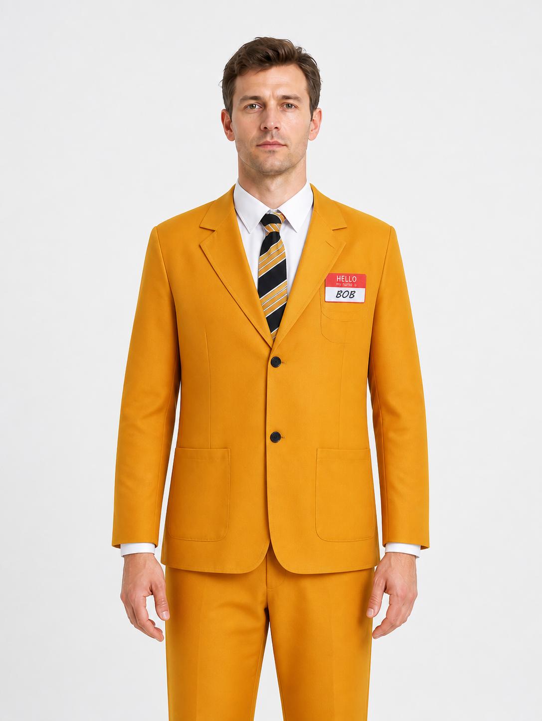 Yellow Bob Costume with Tie and Name Badge upper body view