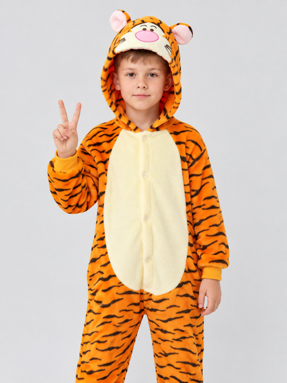 Flannel Hooded Pajama Jumpsuit with Animal Face