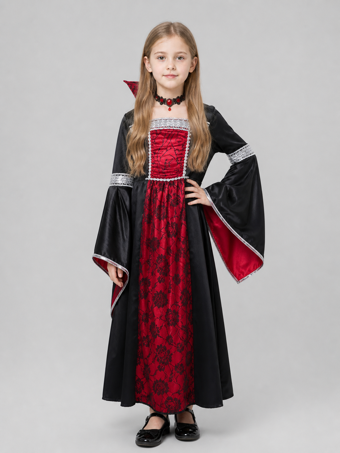 Children's Witch Vampire Costume, Red and Black with Silver Costumes detail 3