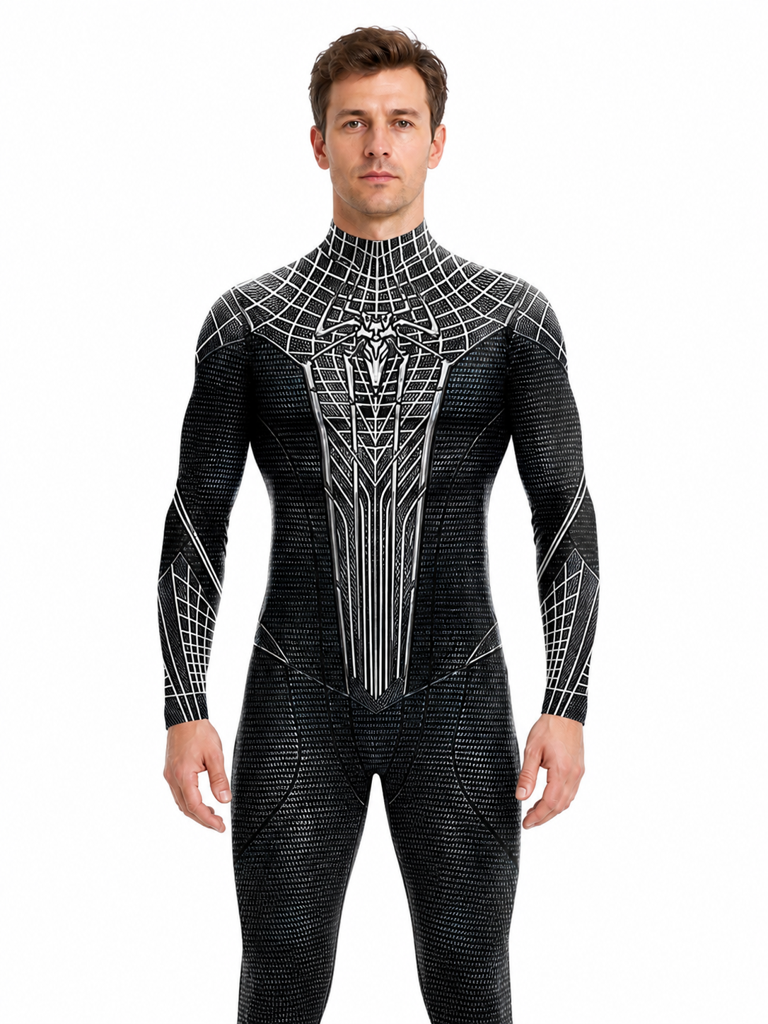 Black and White Spider Jumpsuit with Web Pattern for Cosplay Costumes detail 3