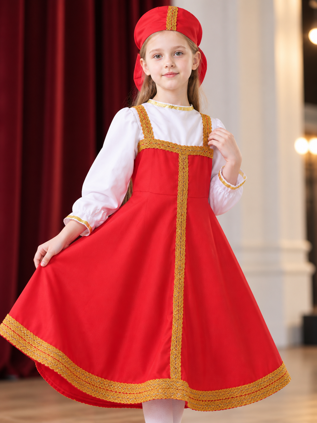 Red Folk Costume with Headpiece Costume Headwear detail 2
