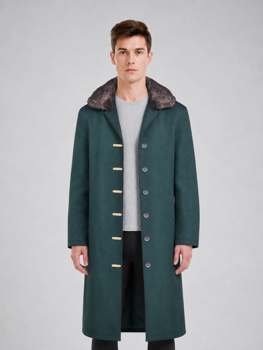 Green Long Coat with Fur Collar for Cosplay