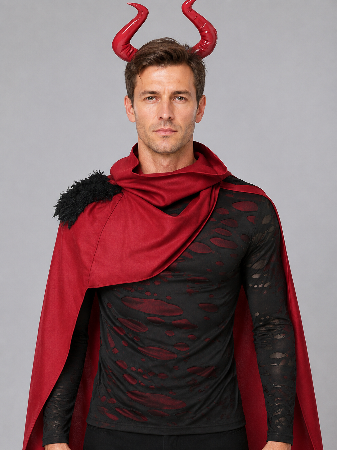 Demon Costume with Red Cape and Horns Costume Capes detail 2