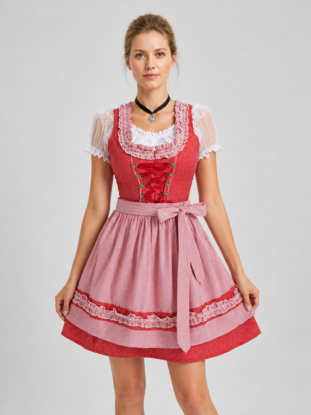 Bavarian Oktoberfest Dress Costume, Red and Pink Costume Dresses detail 3