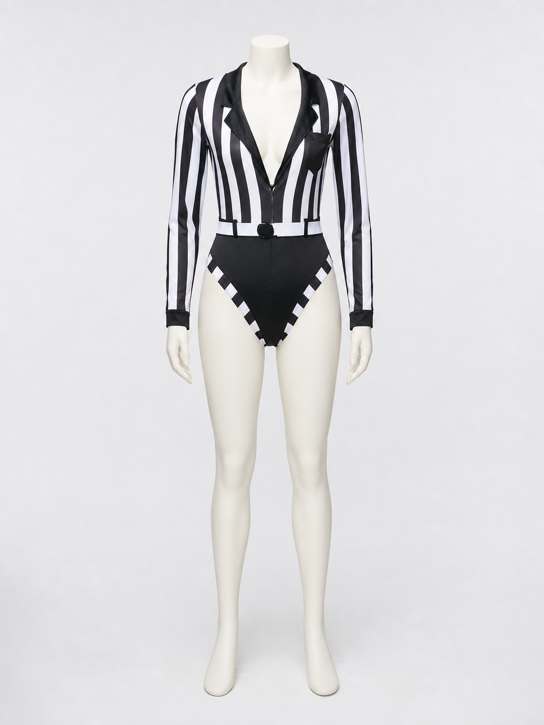 Striped Referee Jumpsuit with Deep V-Neck