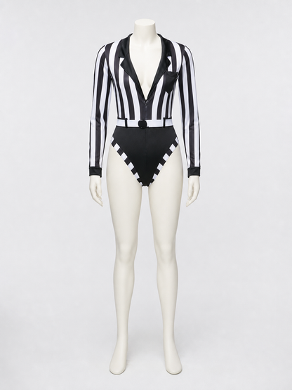 Striped Referee Jumpsuit with Deep V-Neck