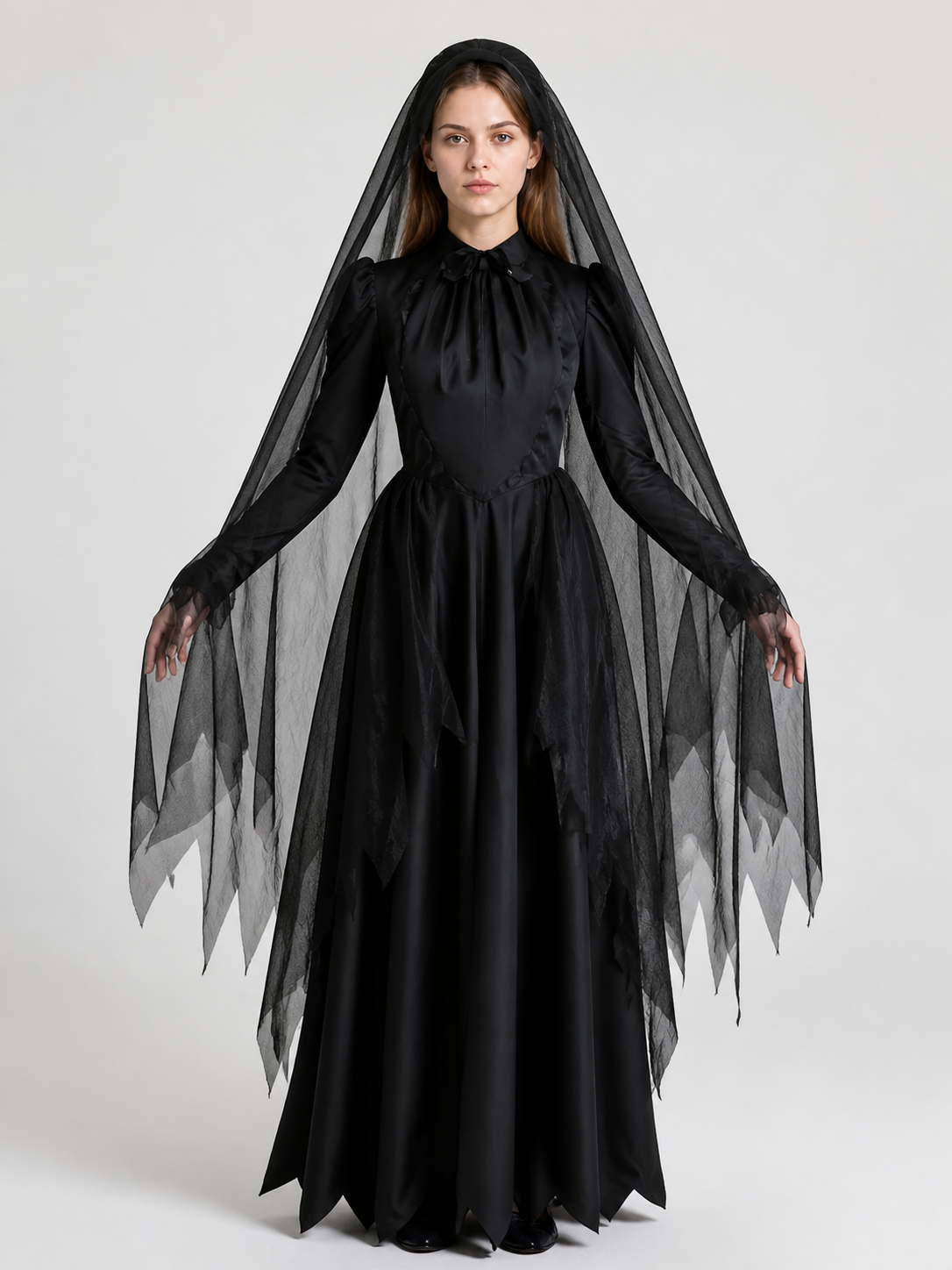 Long Black Halloween Dress with Veil Costume Dresses detail 3