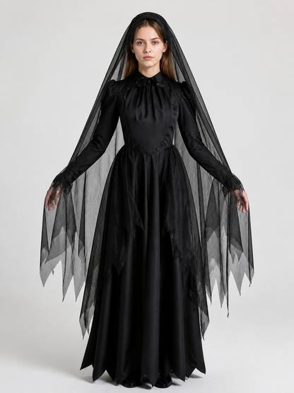 Long Black Halloween Dress with Veil Costume Dresses detail 3