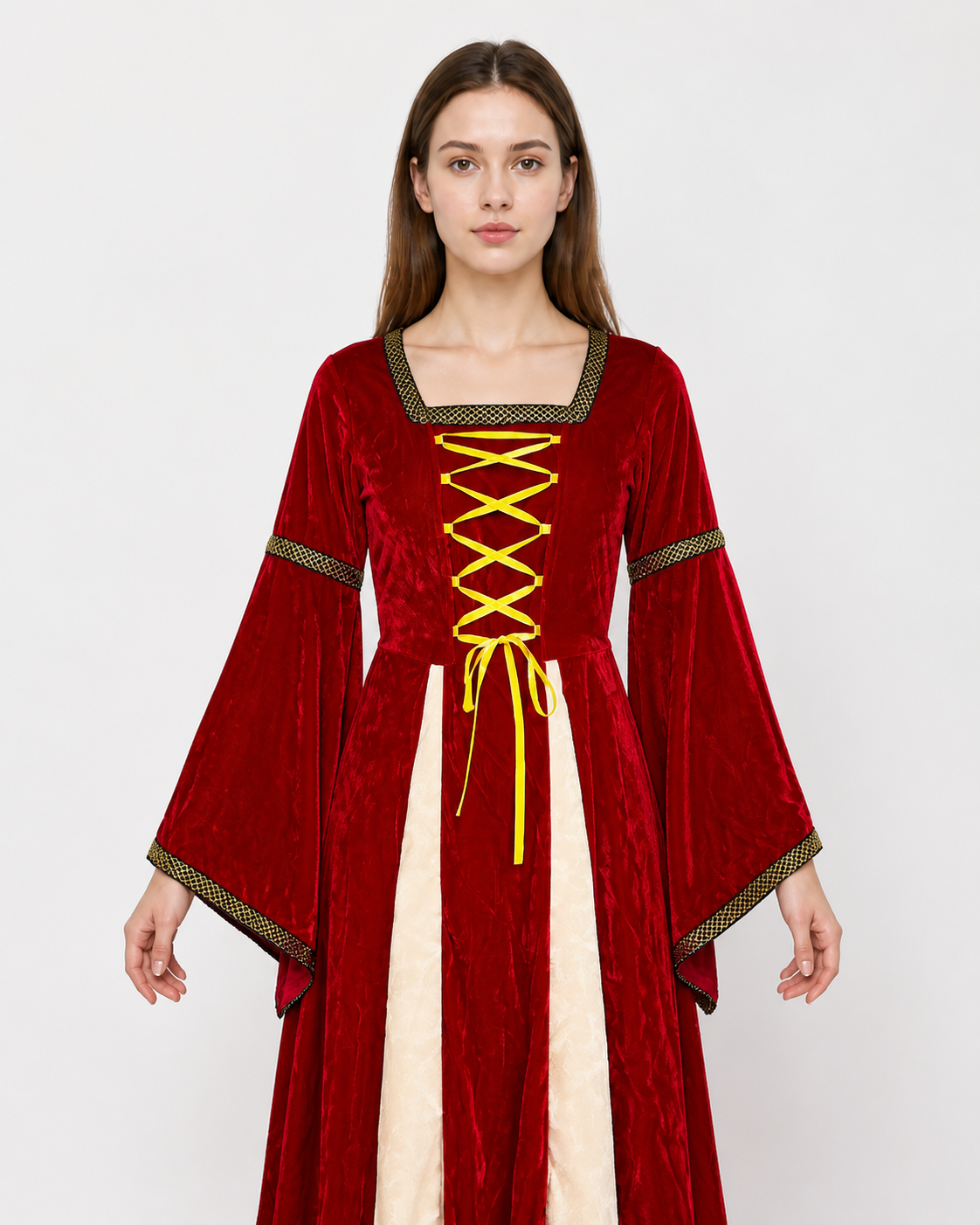 Medieval Dress with Wide Sleeves and Gold Trim