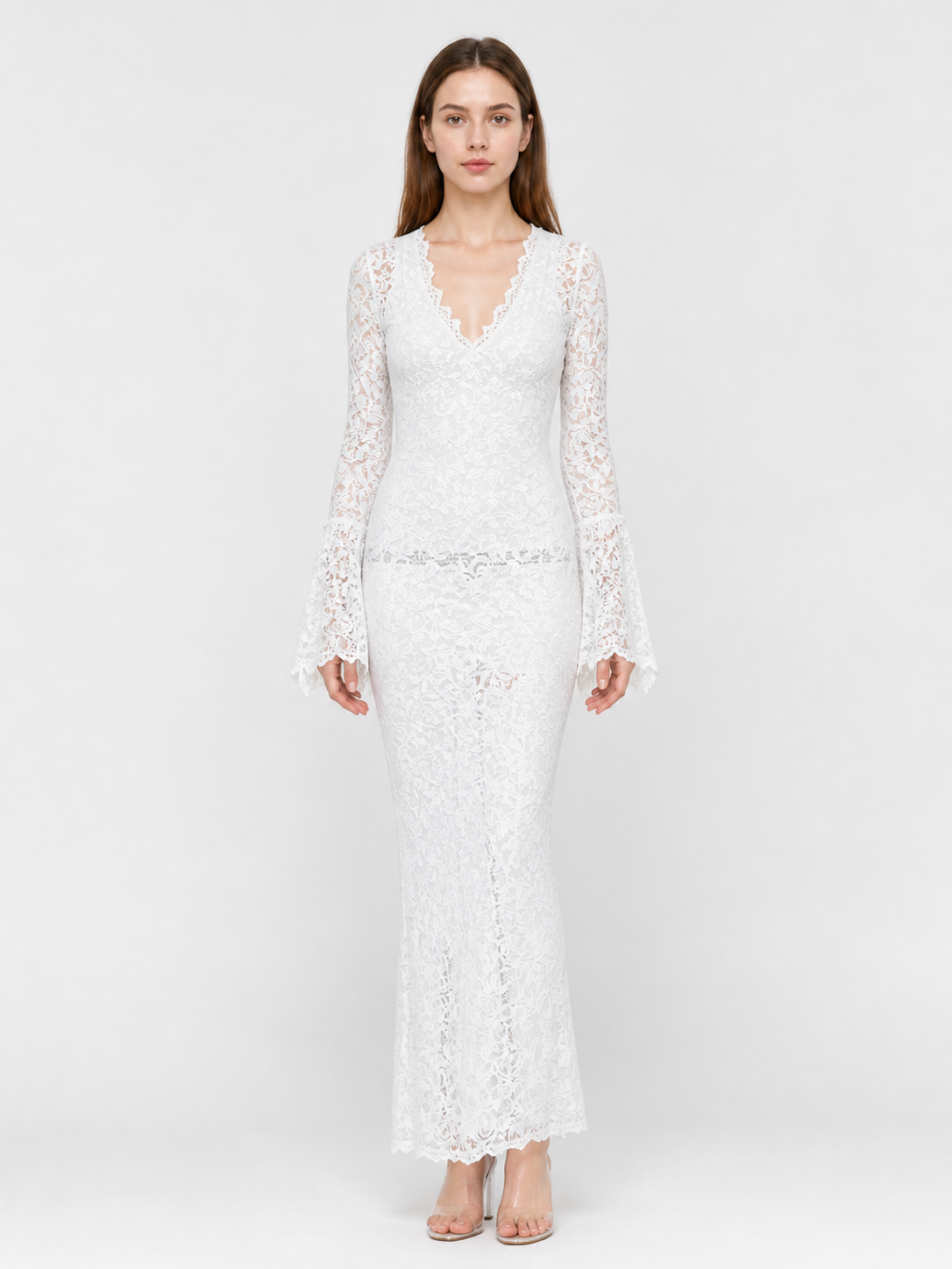 White Long Dress with Lace Pattern and Flared Sleeves Costume Dresses detail 3