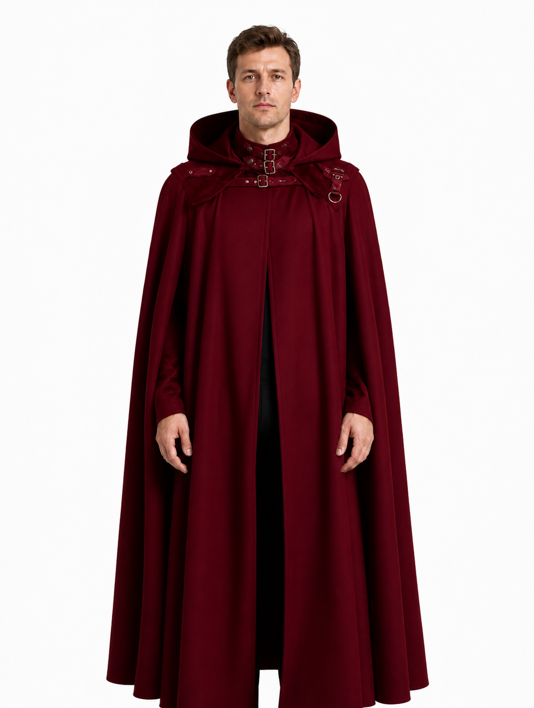 Long Dark Red Hooded Cloak with Rings Costume Capes detail 3