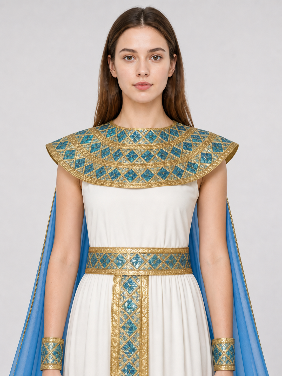Cleopatra Costume with Blue Draping and Gold Embellishments