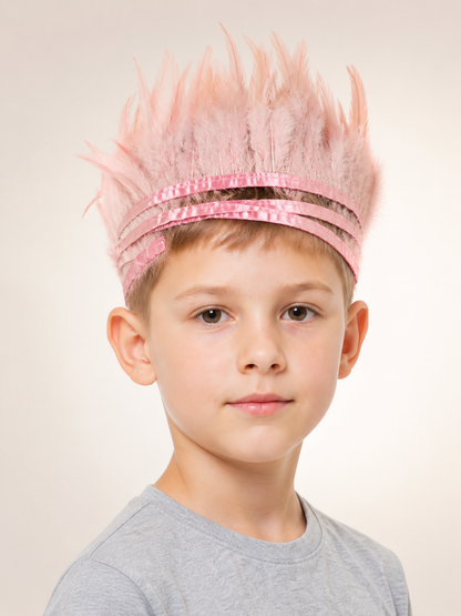 Pink feather headpiece with soft upright feathers and layered pink bands, shown in a close-up portrait