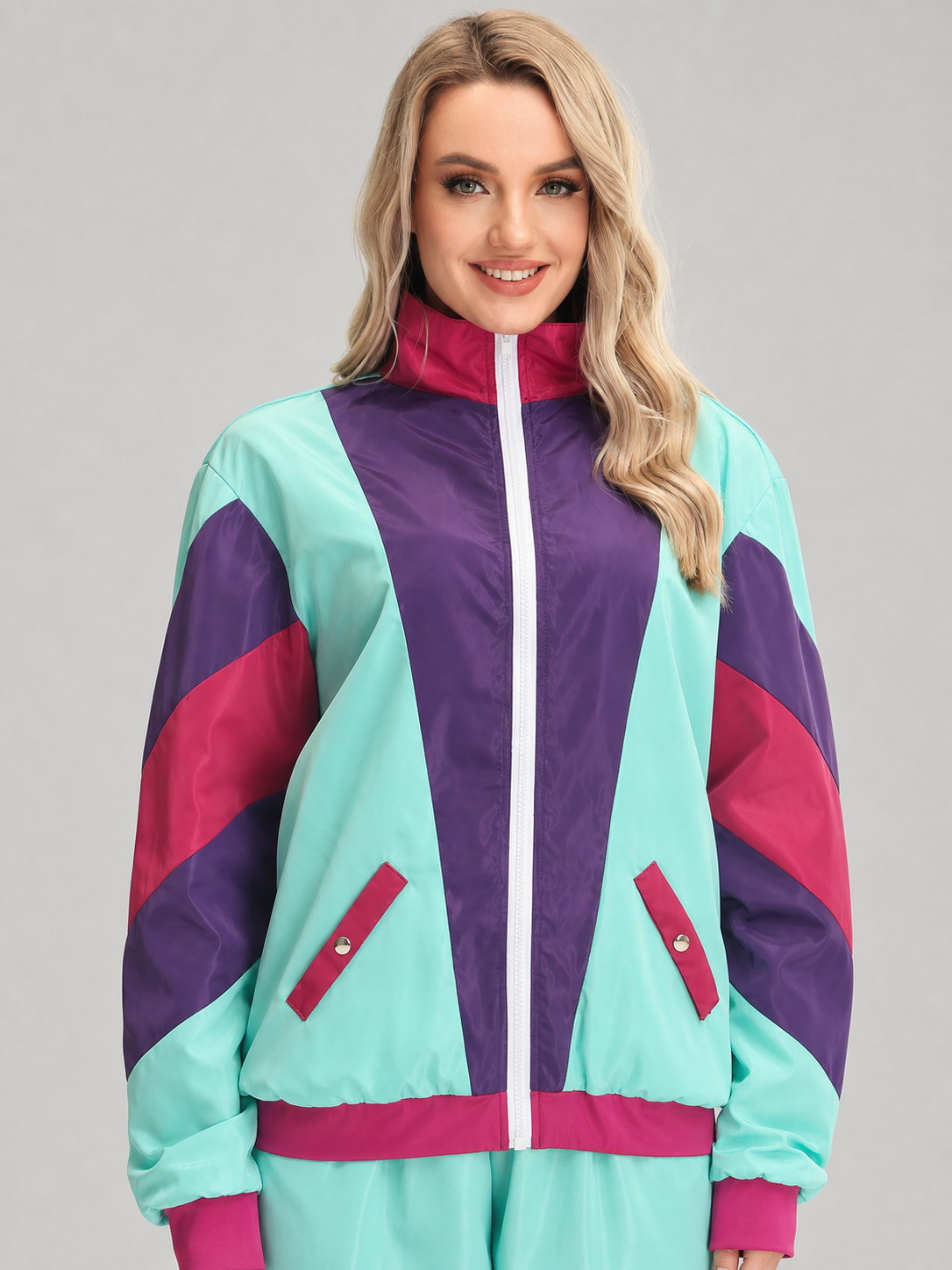 Colorful Jumpsuit with Stand Collar and Zipper