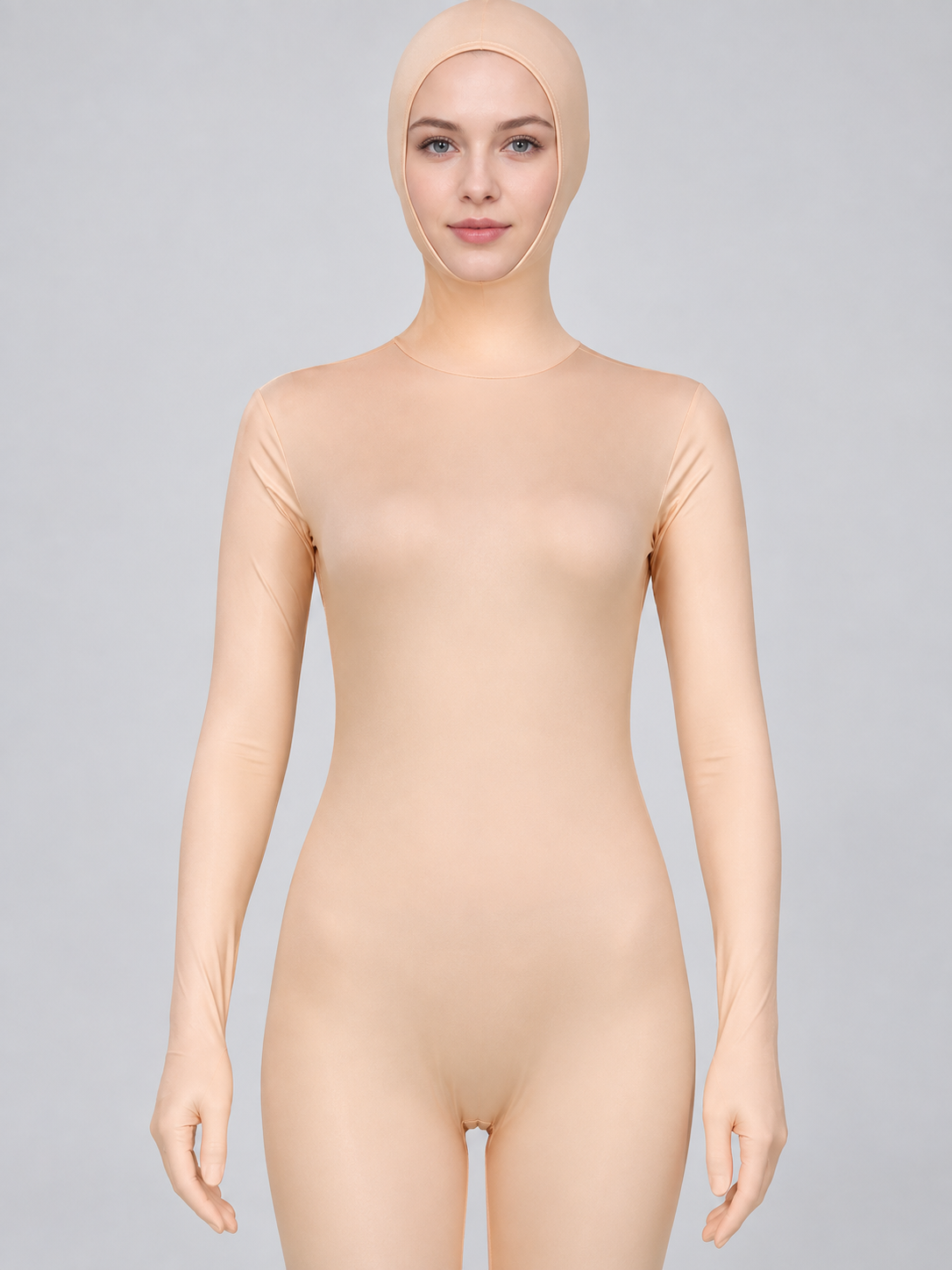 Nude Beige Zentai Suit with Hood and Zipper