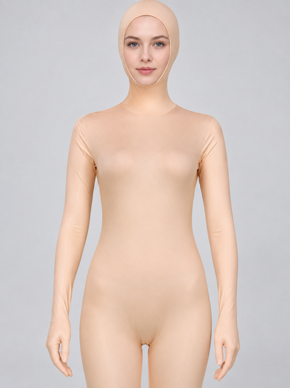 Nude Beige Zentai Suit with Hood and Zipper