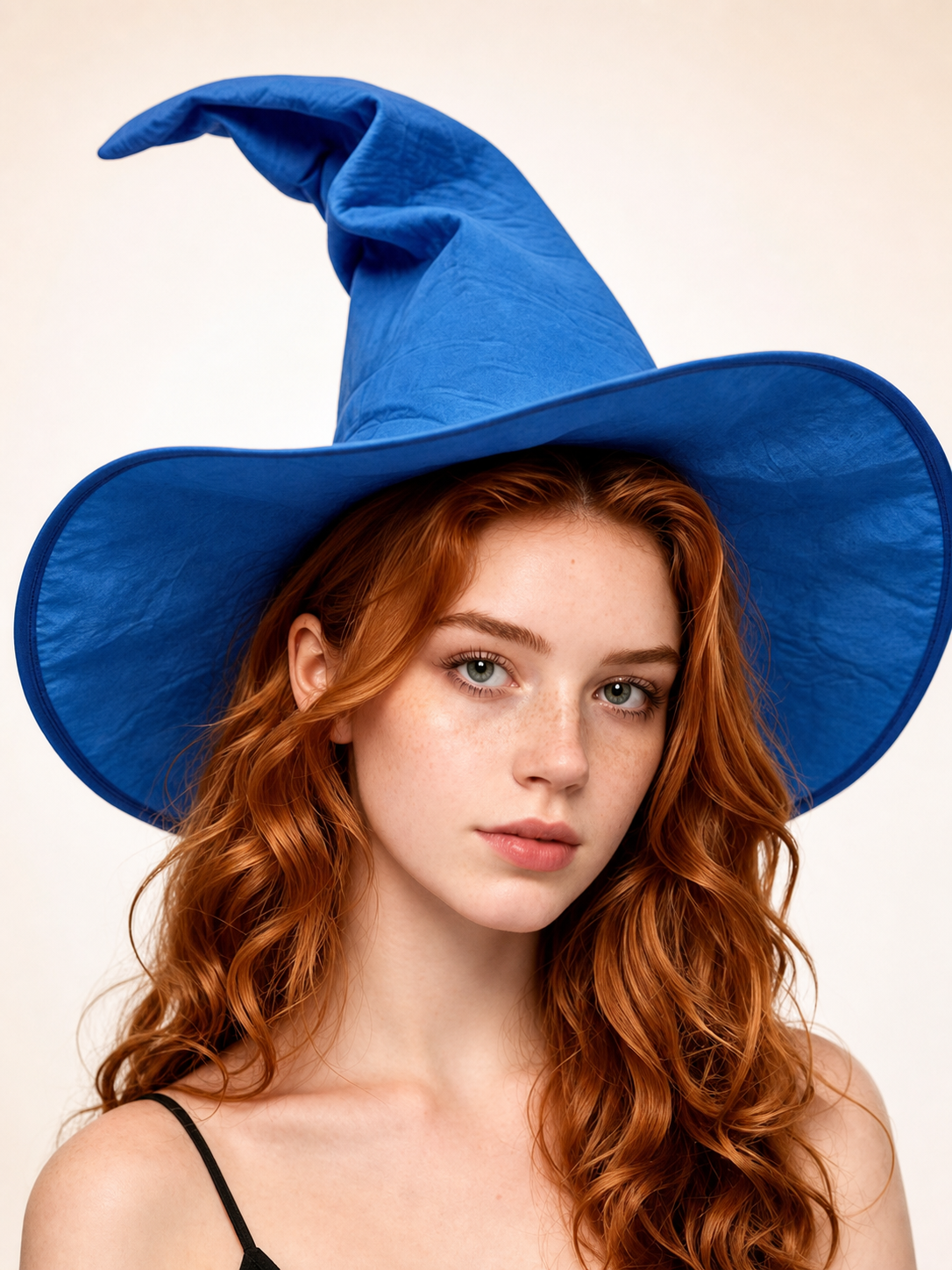 Blue Halloween Witch Hat, Wide Brim Curved Pointed Cap with Black Chin Strap upper body view