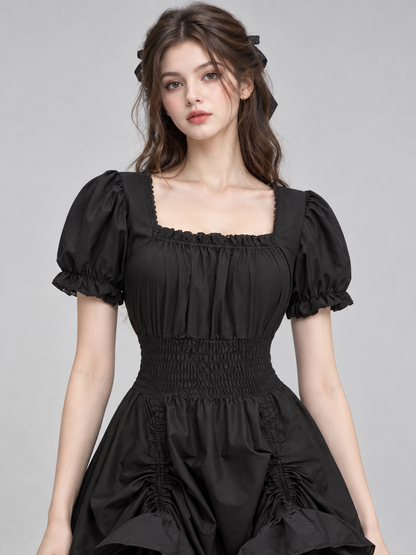 Black Square-Neck Dress with Puff Sleeves