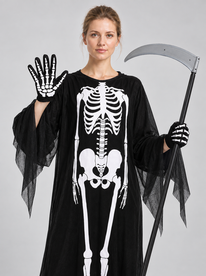 Skeleton Halloween Costume with Mask, Scythe, and Gloves