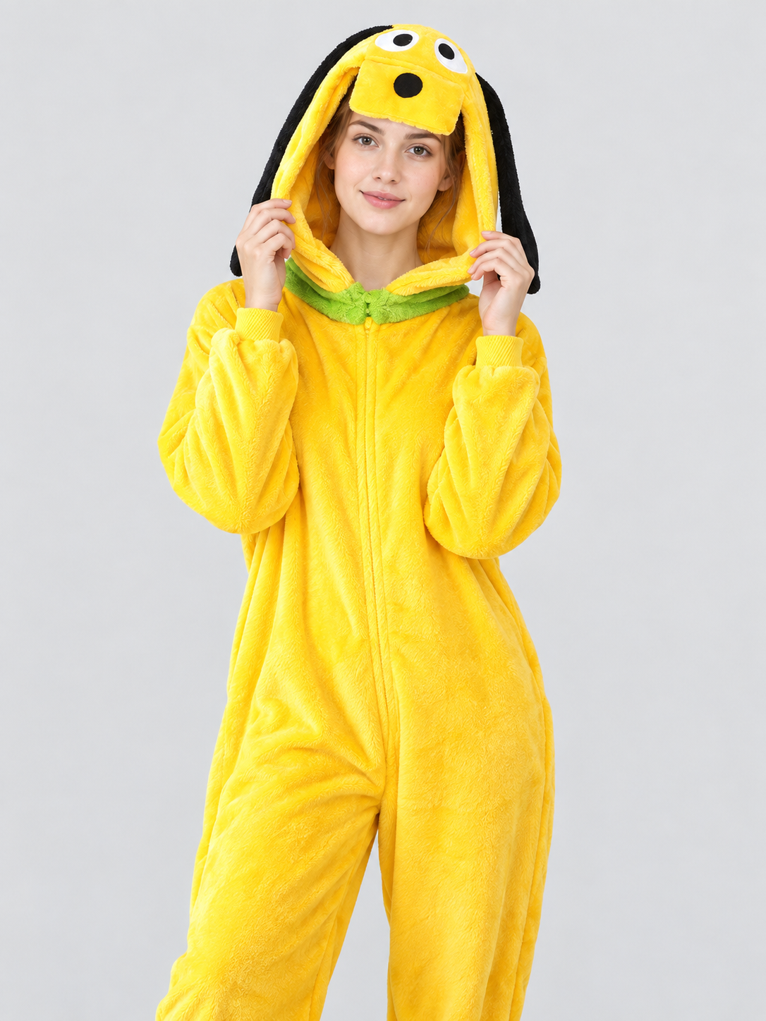 Yellow Flannel Hooded Pajama Jumpsuit with Character Face