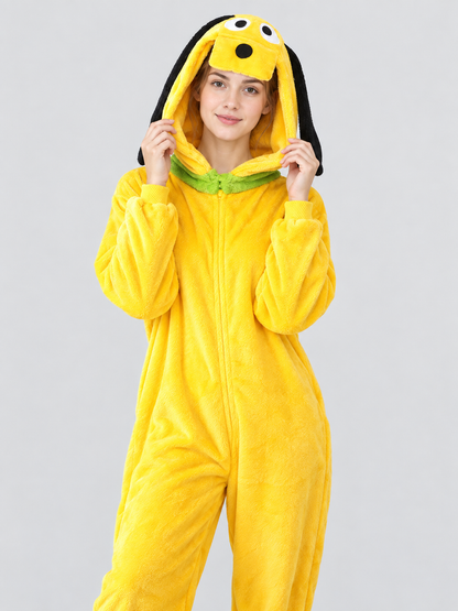 Yellow Flannel Hooded Pajama Jumpsuit with Character Face