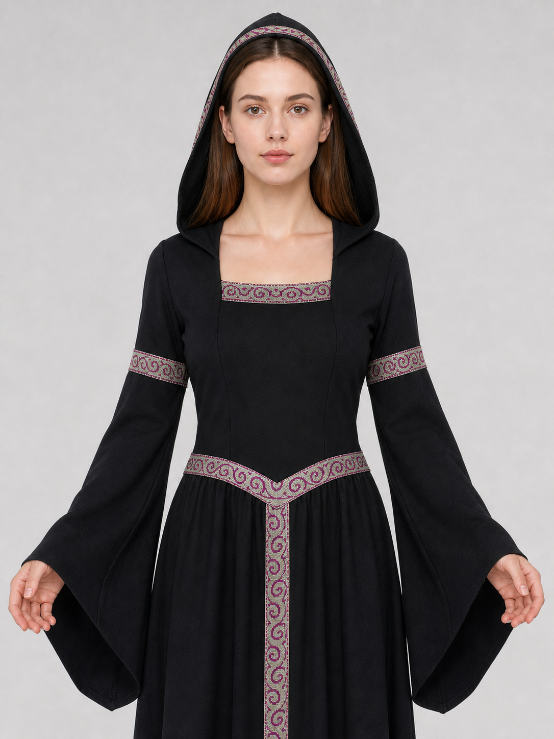 Black Gothic Carnival Dress with Hood and Sleeves Costume Dresses detail 2