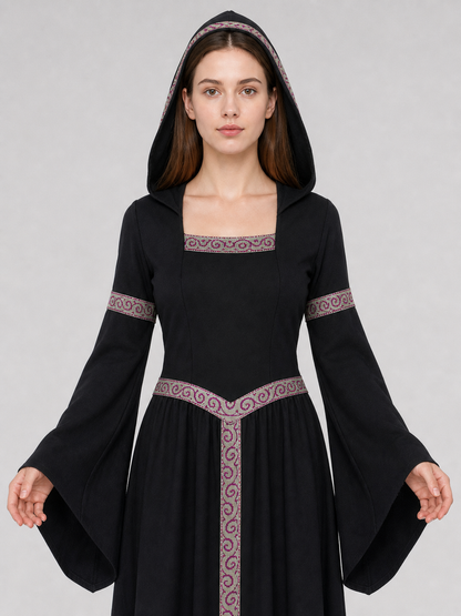 Black Gothic Carnival Dress with Hood and Sleeves Costume Dresses detail 2