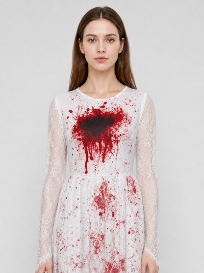Gothic Dress with Lace Sleeves and Blood-Splatter Print