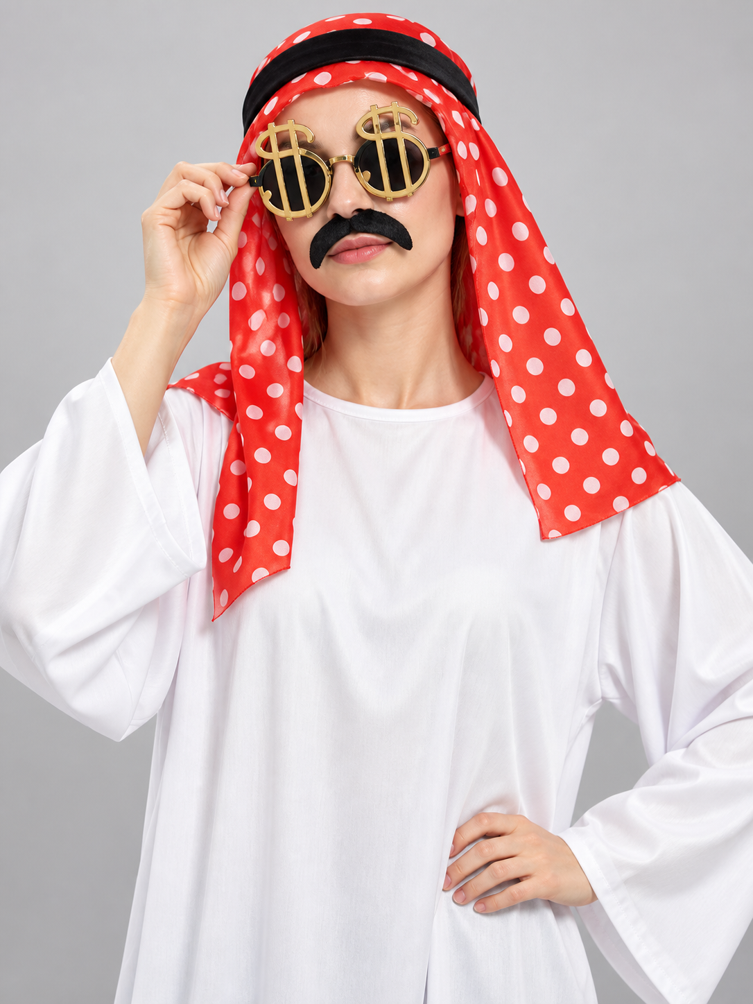 Carnival costume with a headscarf, mustache, and glasses