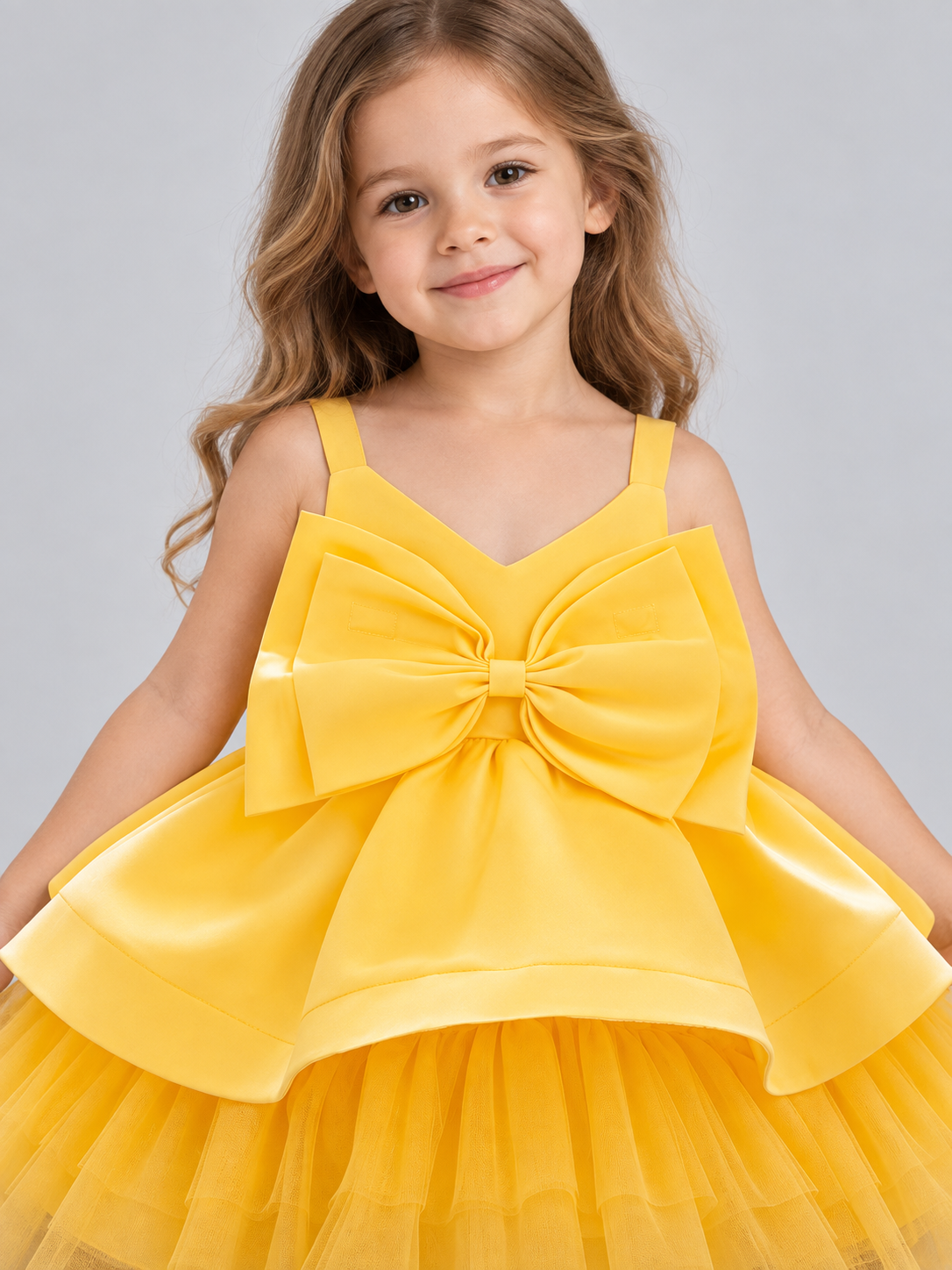 Yellow dress with a bow and a multi-layer tulle skirt