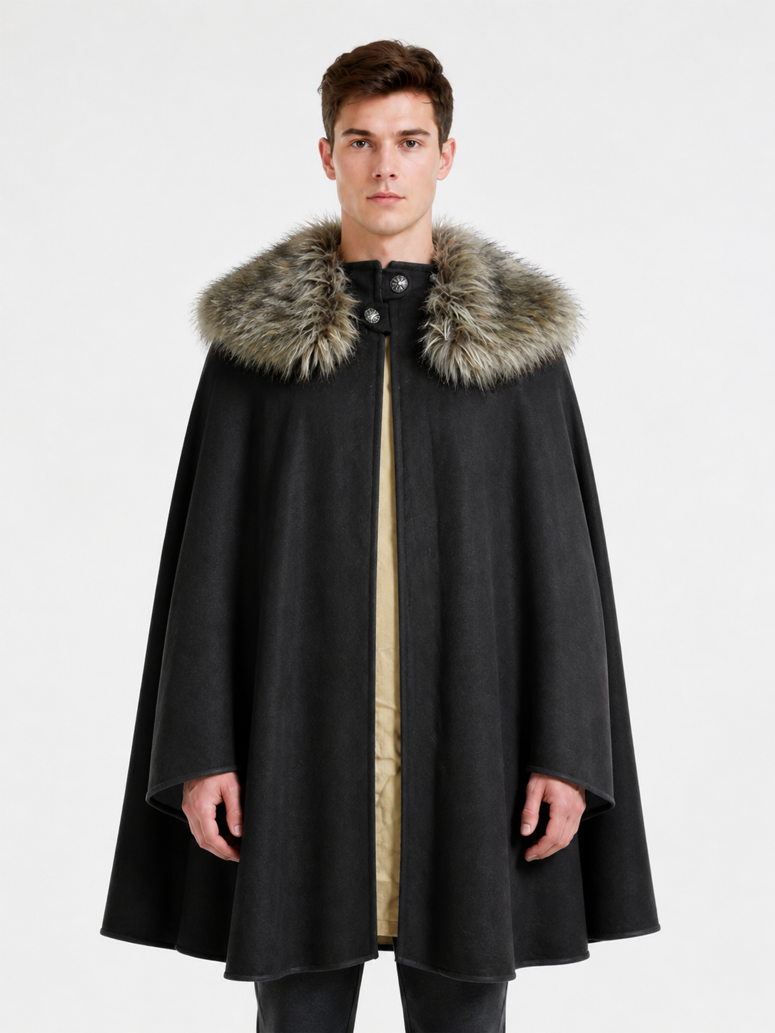 Long Black Button-Front Cloak with Fur Collar Costume Capes detail 3