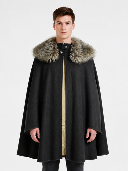 Long Black Button-Front Cloak with Fur Collar Costume Capes detail 3