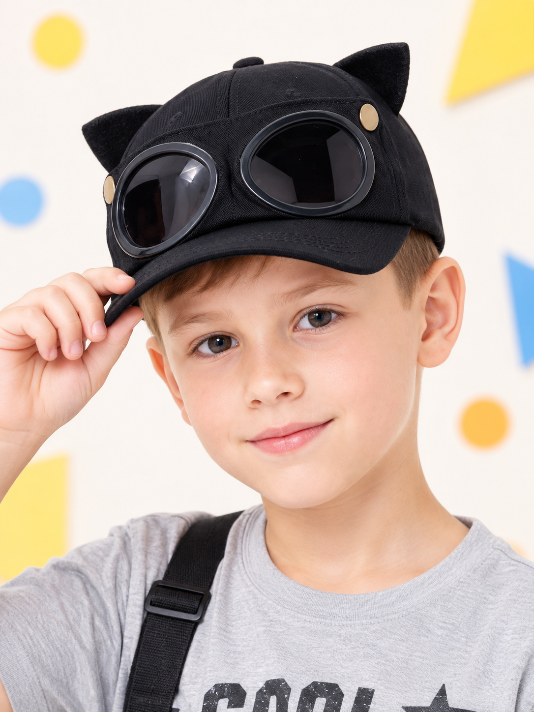 Kids Baseball Cap Black with Glasses and Studs