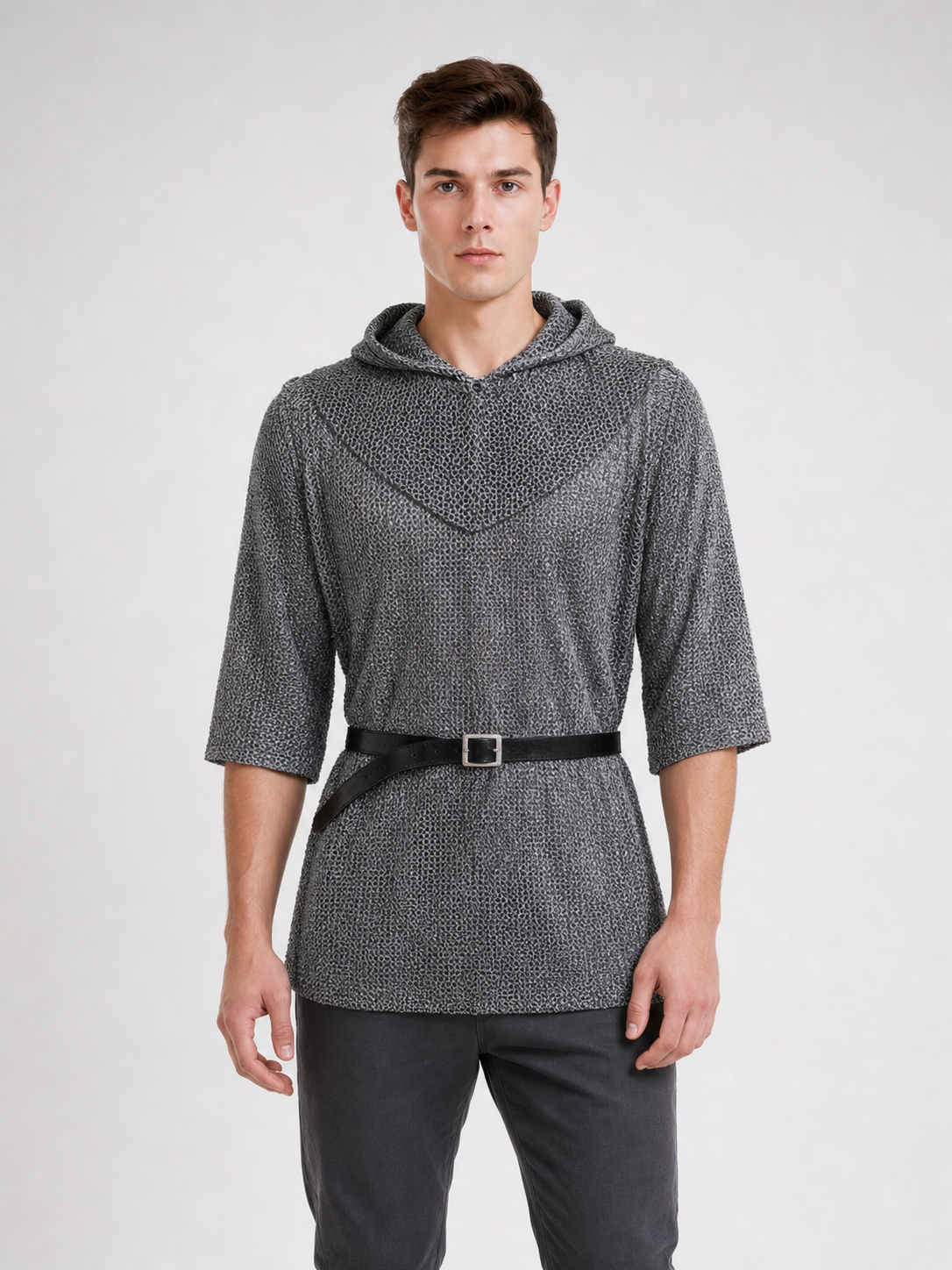 The costume is designed in the style of a medieval knight and is suitable for cosplay and stage performances. The set includes a gray hooded top with a layered front design, black pants, a belt, bracers, and greaves. The gray-and-black colo