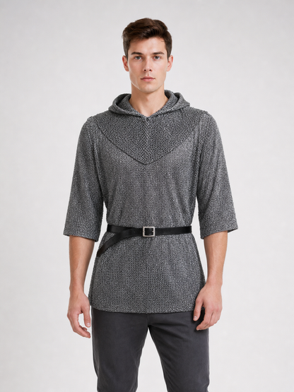 The costume is designed in the style of a medieval knight and is suitable for cosplay and stage performances. The set includes a gray hooded top with a layered front design, black pants, a belt, bracers, and greaves. The gray-and-black colo