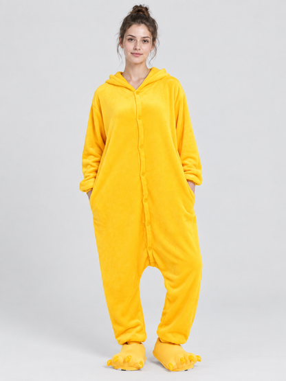 Yellow Fleece Hooded Pajama Jumpsuit with Pockets