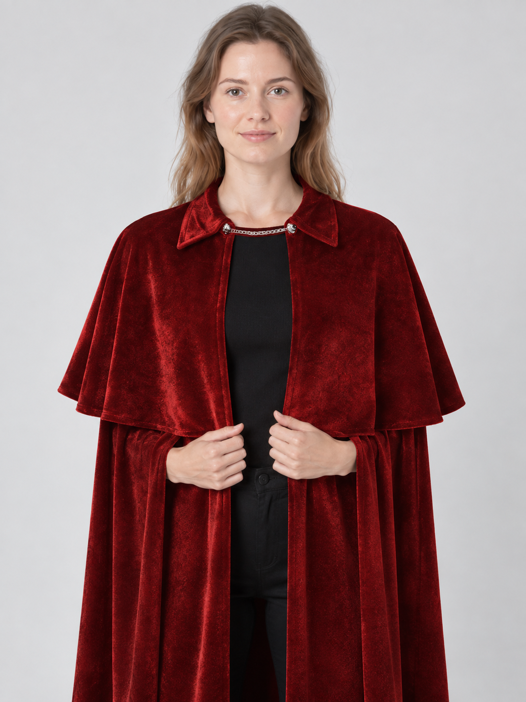 Burgundy Velvet Cloak with Capelet and Chain