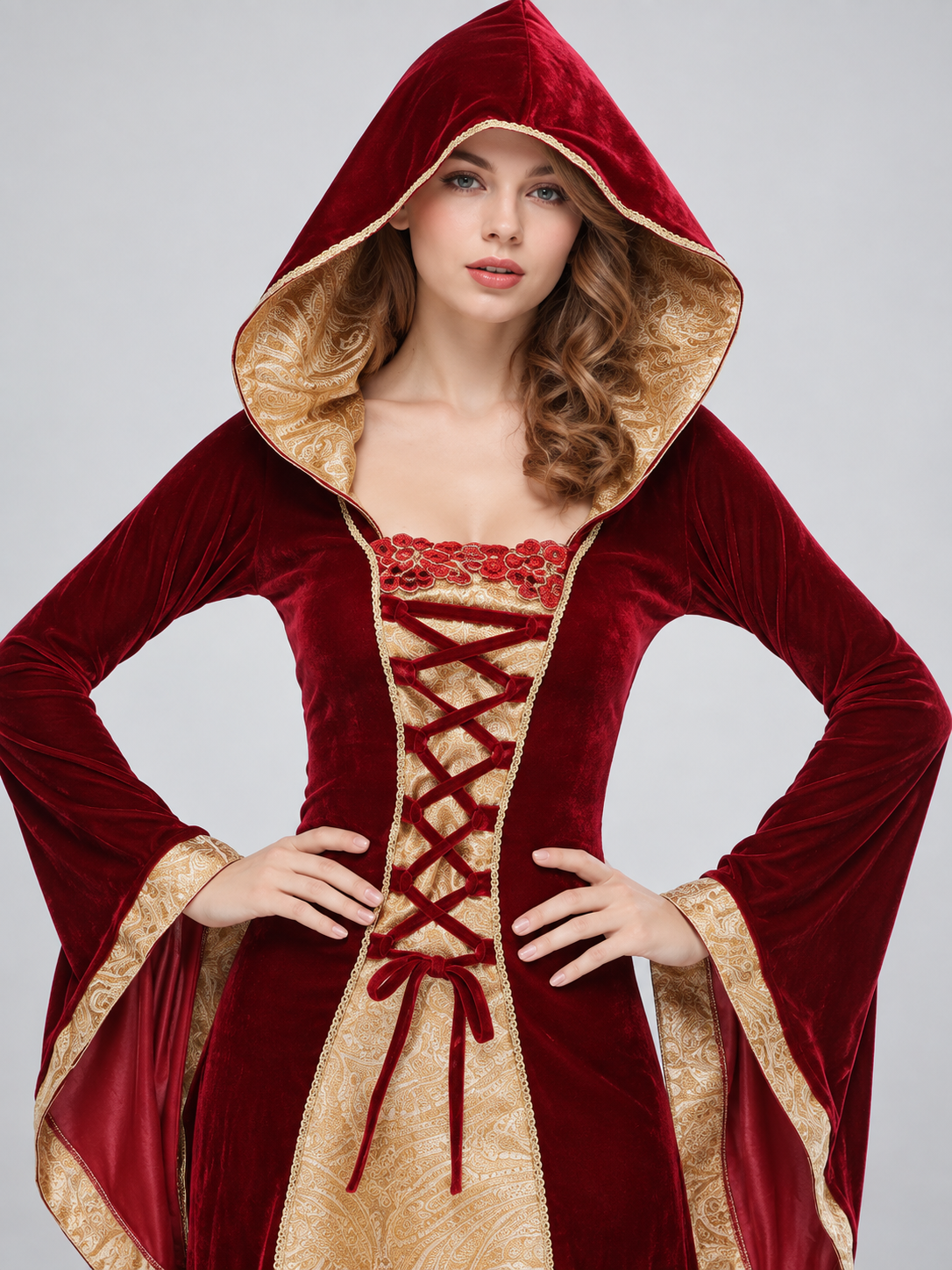 Burgundy Carnival Costume with Hood and Lacing