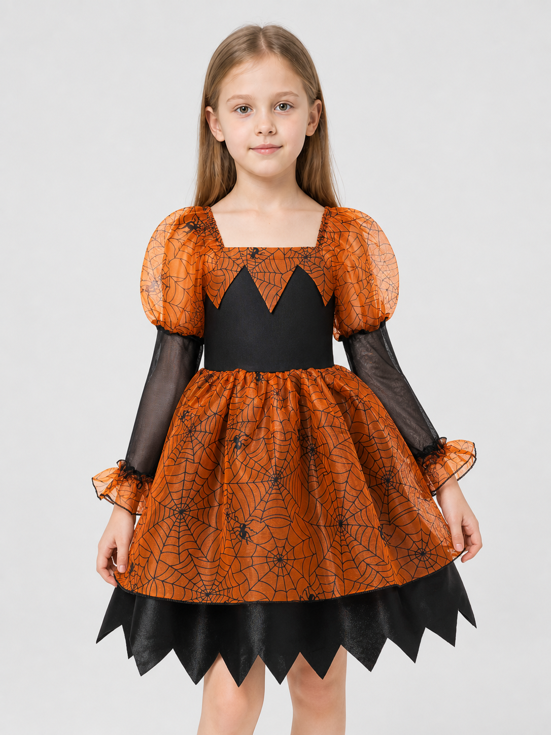 Children’s Halloween Dress, Black and Orange, with Spiderweb Pattern product detail 3