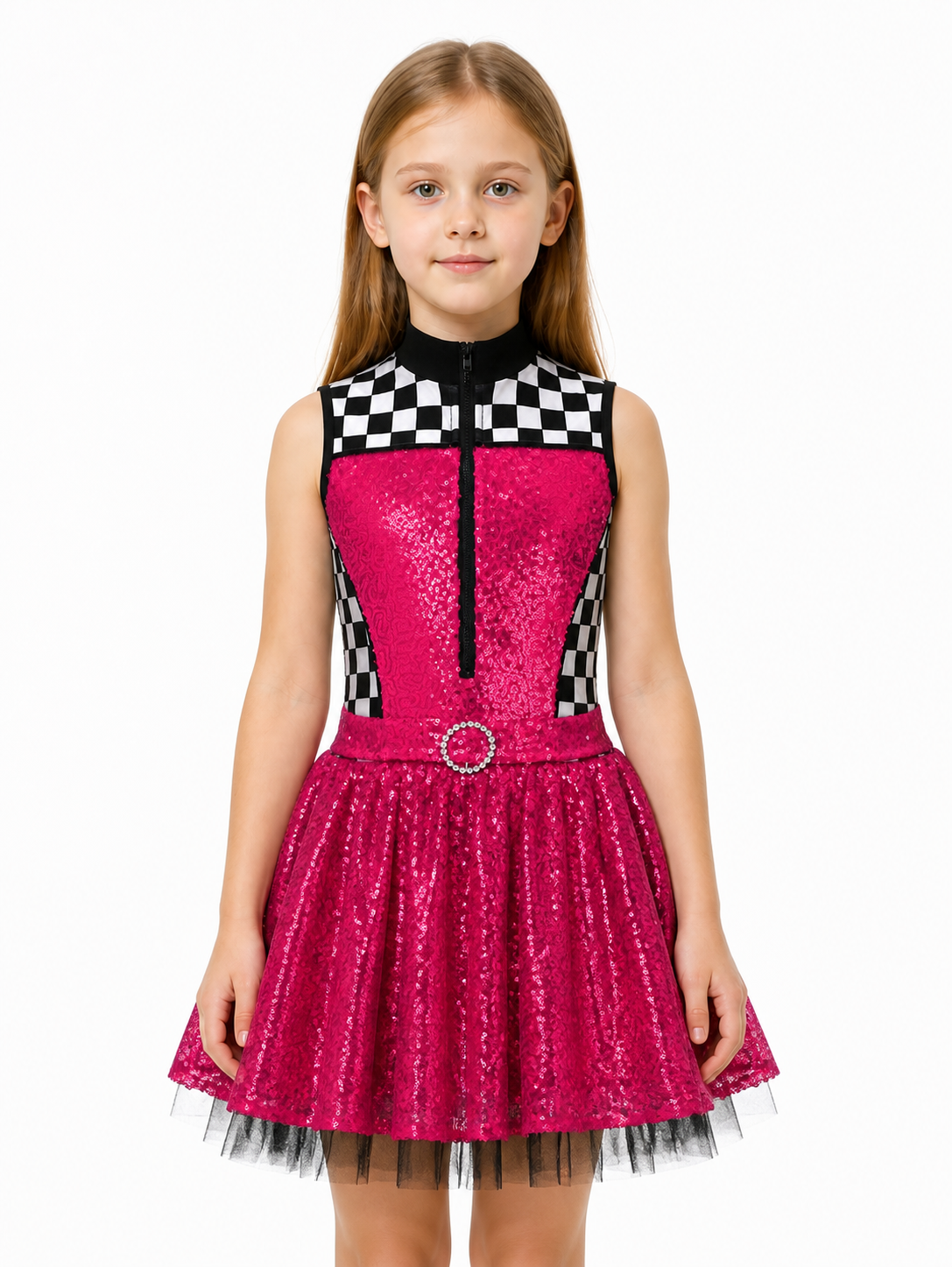 Halloween Dress with Checkered Print and Mesh Skirt
