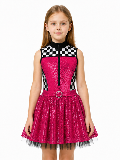 Halloween Dress with Checkered Print and Mesh Skirt